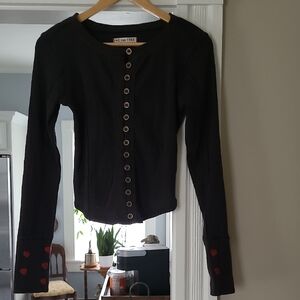 NWT We The Free - Free People - Daria Cuff Cardi - Black/Red Embroidered Hearts